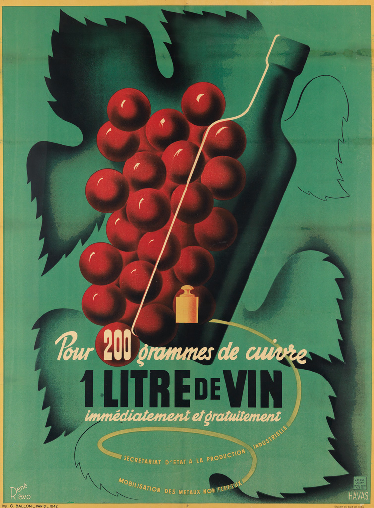 RENÉ RAVO (1904-1998). 1 LITRE DE VIN. 1942. 60x45 inches, 153x114 cm. G. Ballon.